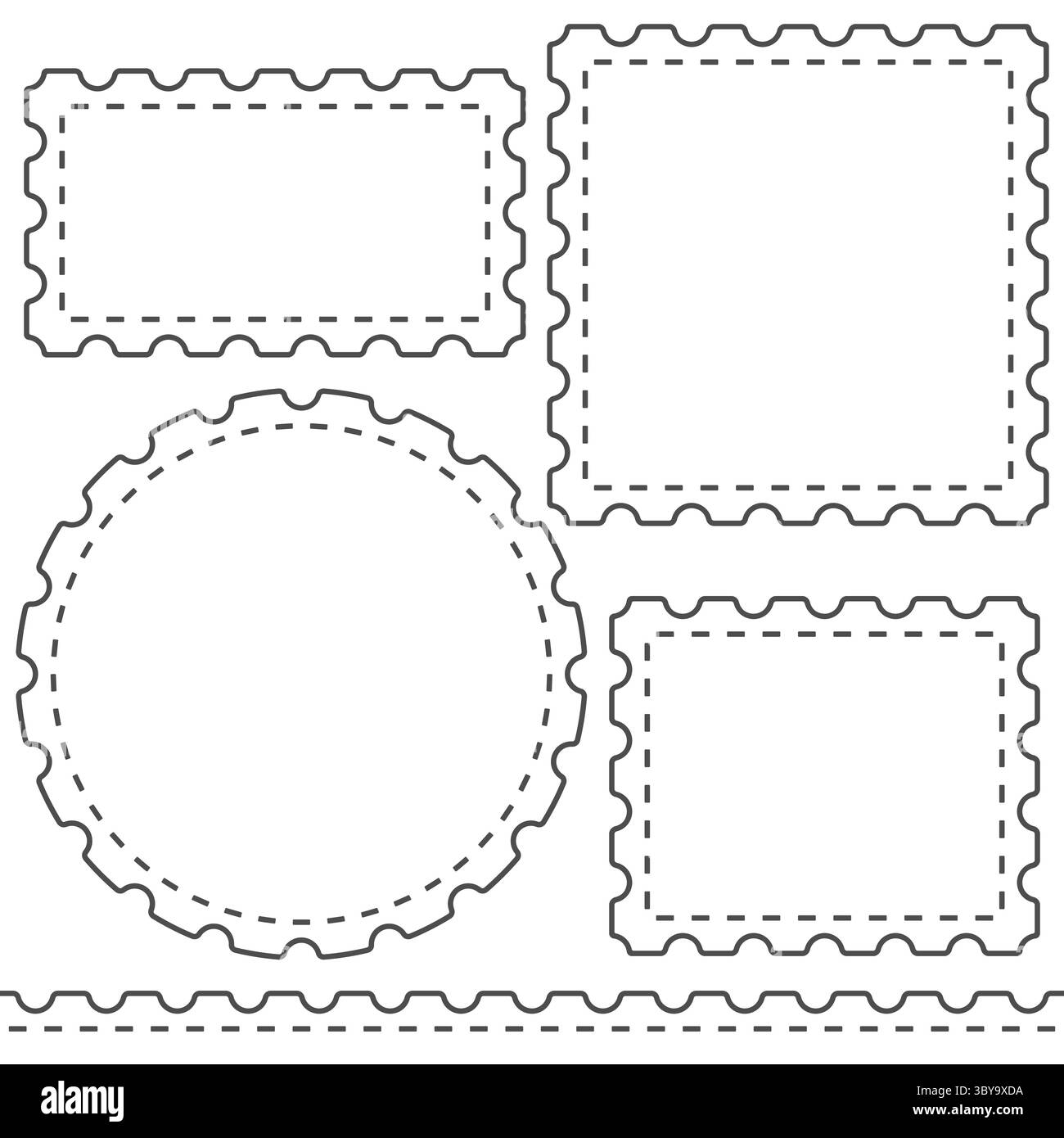 Set di illustrazioni in bianco e nero con francobollo. Oggetti vettoriali isolati su sfondo bianco. Illustrazione Vettoriale