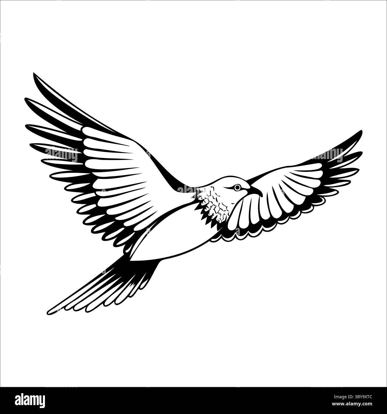 Un'illustrazione stilizzata di un uccello in volo, con ali dettagliate e un corpo affusolato. Il design enfatizza il movimento e la grazia. Illustrazione Vettoriale