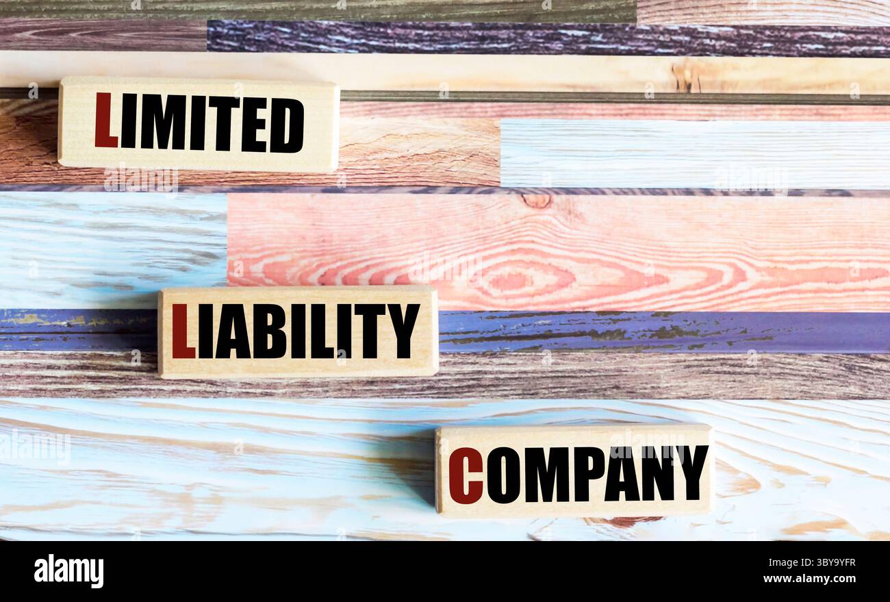 LLC è il testo di una società a responsabilità limitata su blocchi di legno su uno splendido sfondo. Un concetto di finanza ed economia. Foto Stock