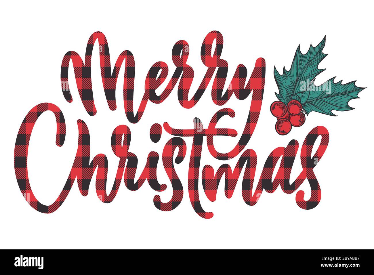 Scritta calligrafica di buon Natale con motivo a quadri di bufalo e pianta holly. Illustrazione vettoriale. Elementi di design per la tessera vacanze, fes Illustrazione Vettoriale