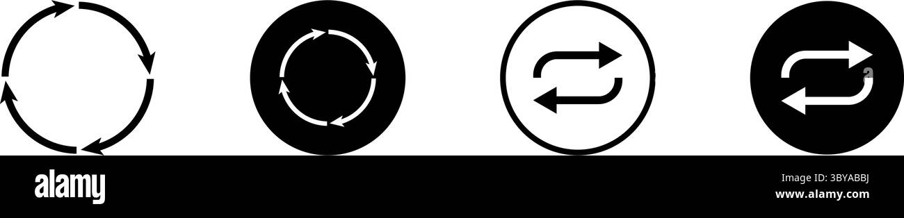 Quattro icone distinte mostrano il movimento circolare e il movimento avanti e indietro, simboleggiando cicli, ripetizioni e flusso di dati. Illustrazione Vettoriale