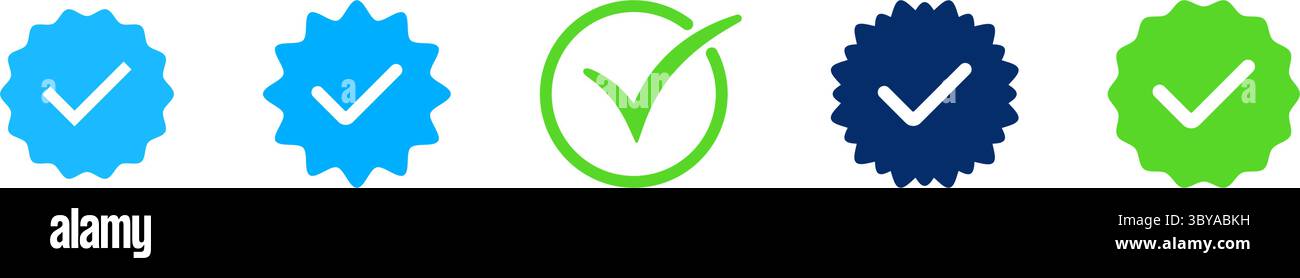 Una serie di cinque distintivi verificati, con segni di spunta all'interno di forme stilizzate in blu, verde e blu scuro. Illustrazione Vettoriale
