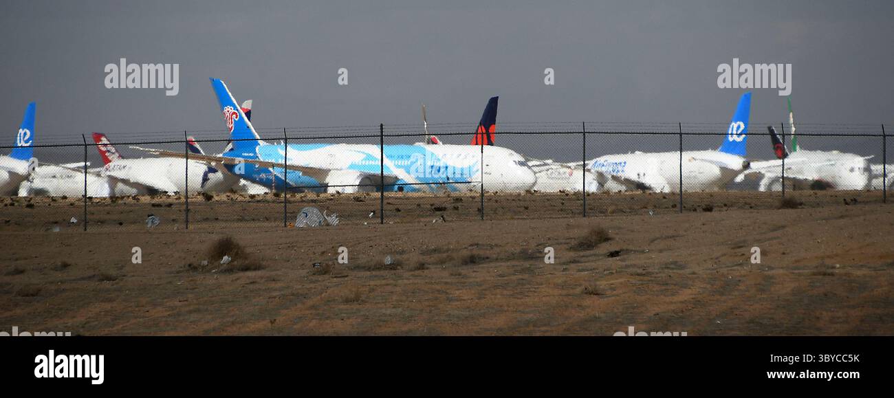Diversi jet Boeing 787-Dream-Liner che non sono ad alta voce si trovano all'aeroporto Southern California Logistics di Victorville CA/USA. Martedì 22 febbraio 2022. Il mese scorso, Boeing ha detto che alcune parti in titanio 787 sono state prodotte in modo improprio negli ultimi tre anni, l'ultimo di una serie di problemi per affliggere gli aerei a fusoliera larga. Il difetto è stato riscontrato quando la Boeing si è scontrata con altri problemi nel 787 che hanno causato la riduzione della produzione e l'interruzione delle consegne da maggio. (Immagine di credito: © Gene Blevins/ZUMA Press Wire) Foto Stock