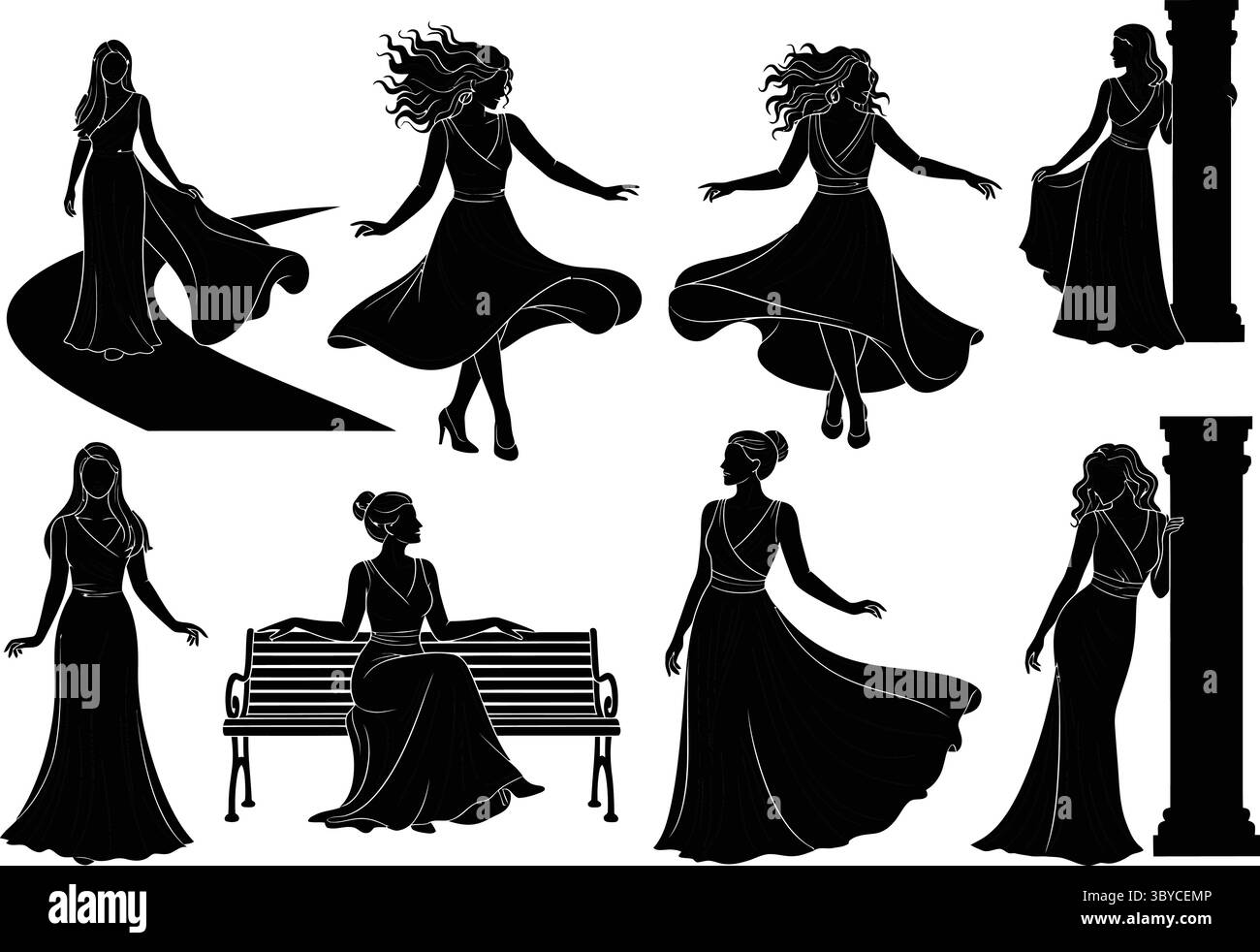 Set di eleganti silhouette da donna con lunghi abiti da sera e collezione di illustrazioni vettoriali. Illustrazione Vettoriale