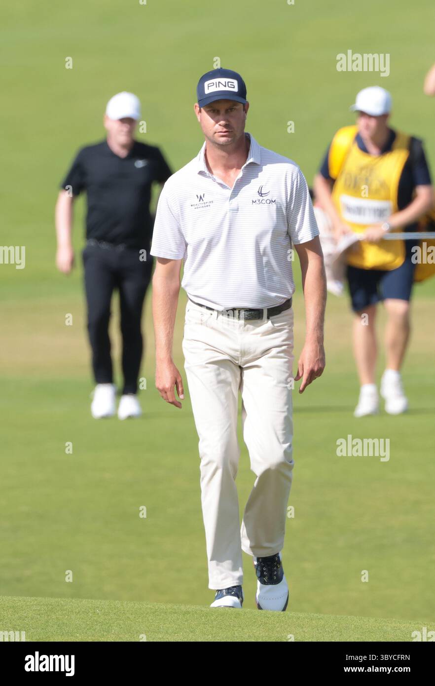 Portrush, Irlanda del Nord. 19 luglio 2025. American Harris English al nono green durante il terzo round al 153° Open Championship al Royal Portrush Golf Club di Portrush, Irlanda del Nord, sabato 19 luglio 2025. Foto di Hugo Philpott/UPI credito: UPI/Alamy Live News Foto Stock