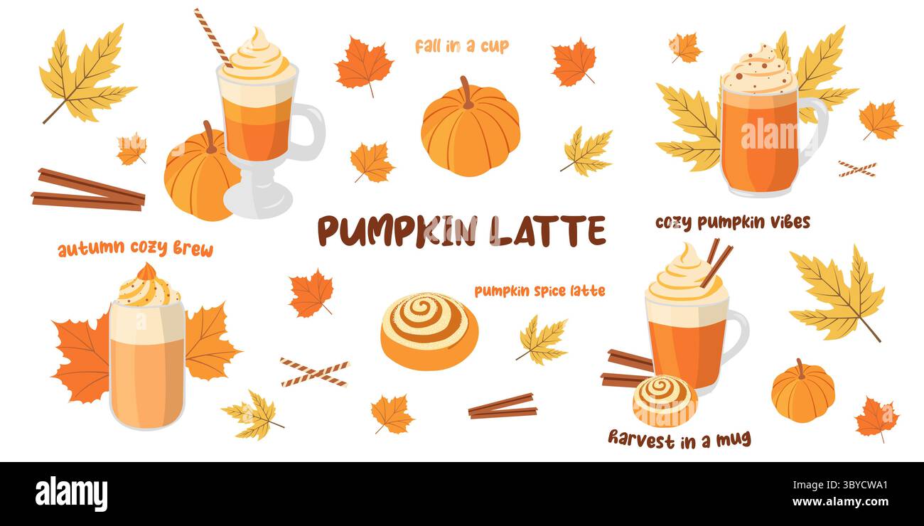 Set vettoriale piatto a tema autunnale con latte di zucca Illustrazione Vettoriale