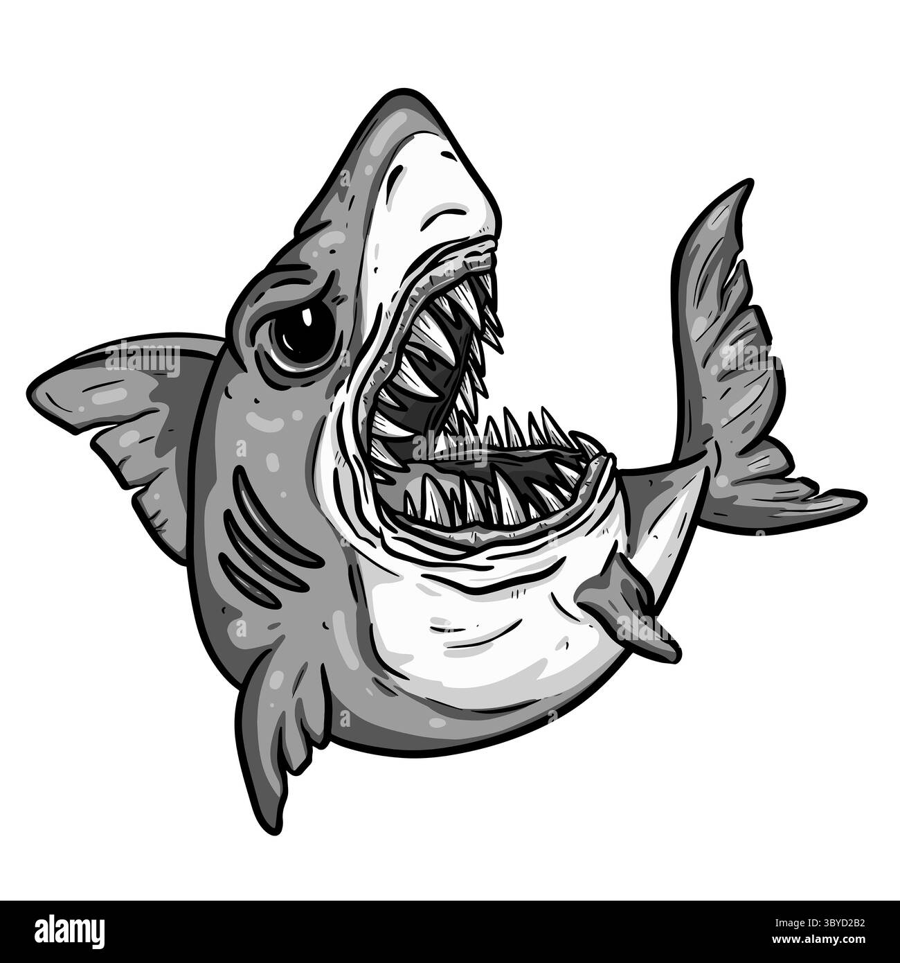 Illustrazione di un grande pesce di squalo bianco a bocca aperta Foto Stock
