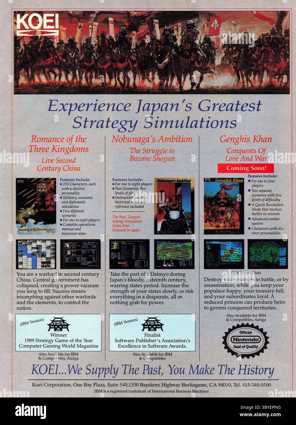 1989 Koei Strategy Simulation vide Games per Nintendo ad: Nobunaga's Ambition; Romance of the Three Kingdoms; Genghis Khan Foto Stock