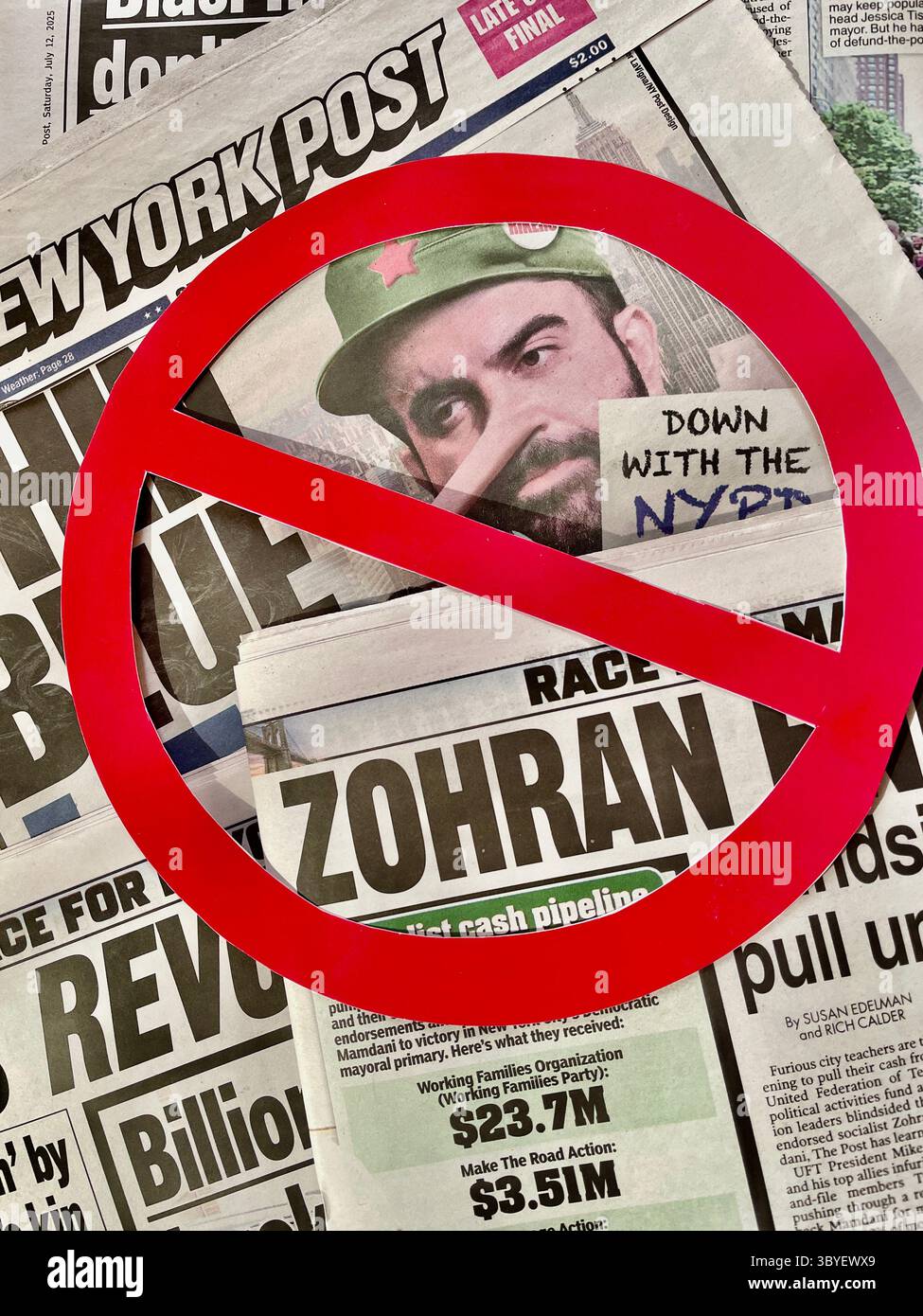 STILL Life del luglio 2025 copertura del giornale del New York Post sulle credenze socialiste di Zohran Mamdani con il NO simbolo internazionale, New York City, USA - Immagine stock catturata con smartphone