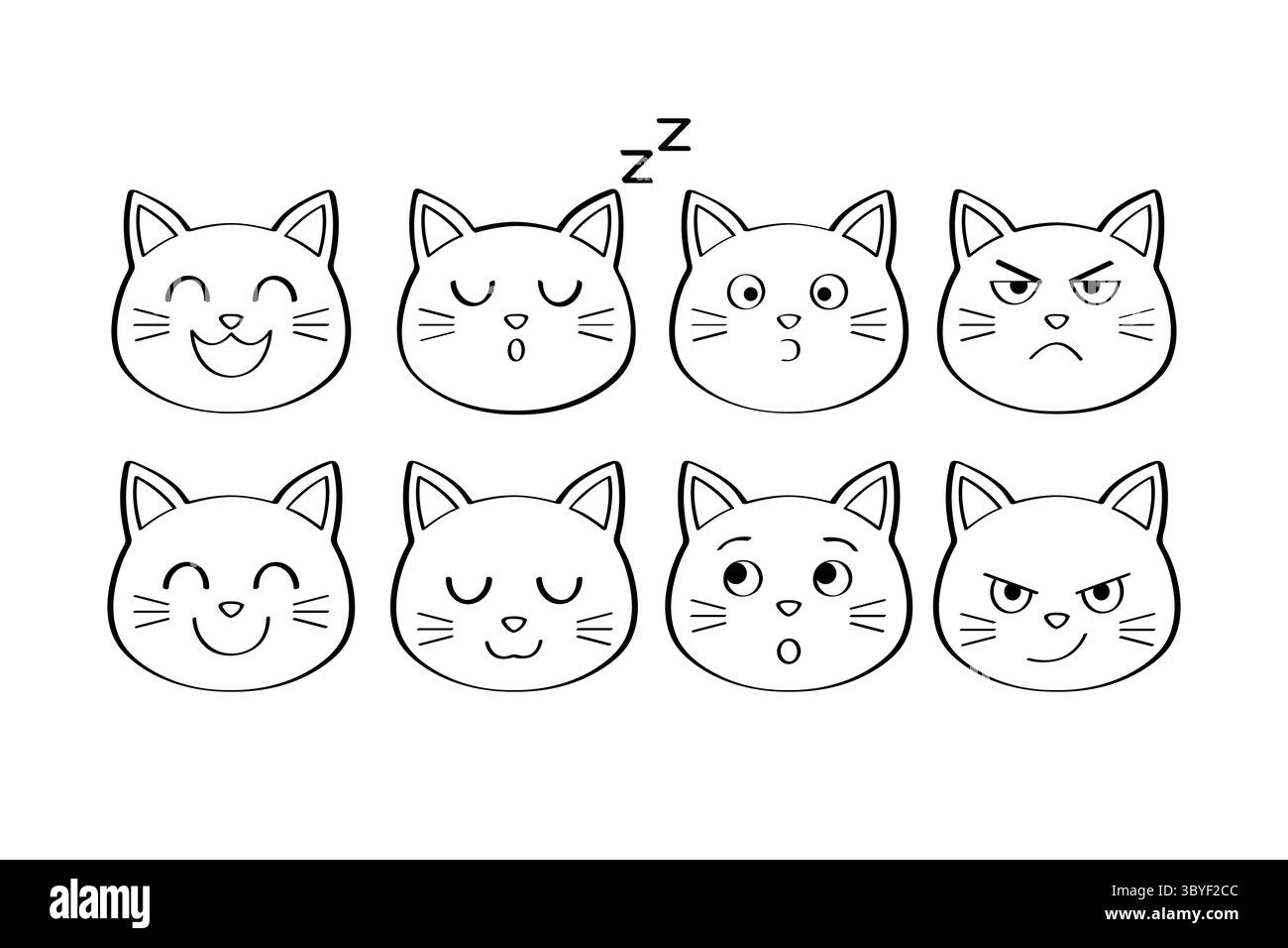 Raccolta di espressioni del volto di gatto isolate su sfondo bianco Illustrazione Vettoriale