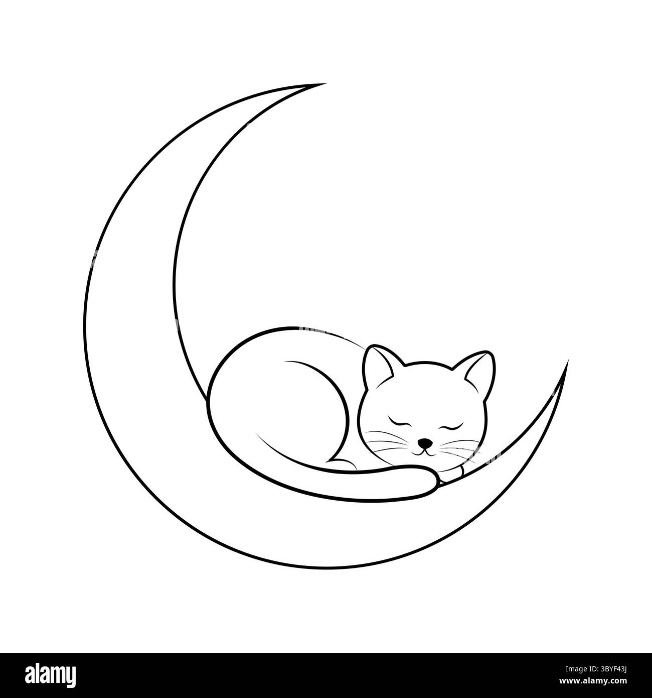 Line art di un gatto dormiente su una luna crescente isolata su sfondo bianco Illustrazione Vettoriale
