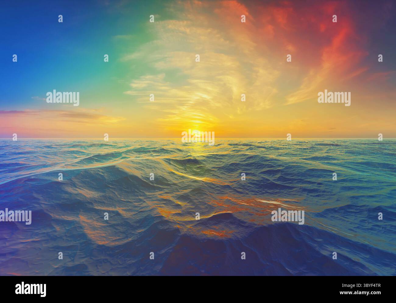 Il tramonto radioso riempie il cielo di colori vivaci, illuminando l'acqua instabile dell'oceano Foto Stock
