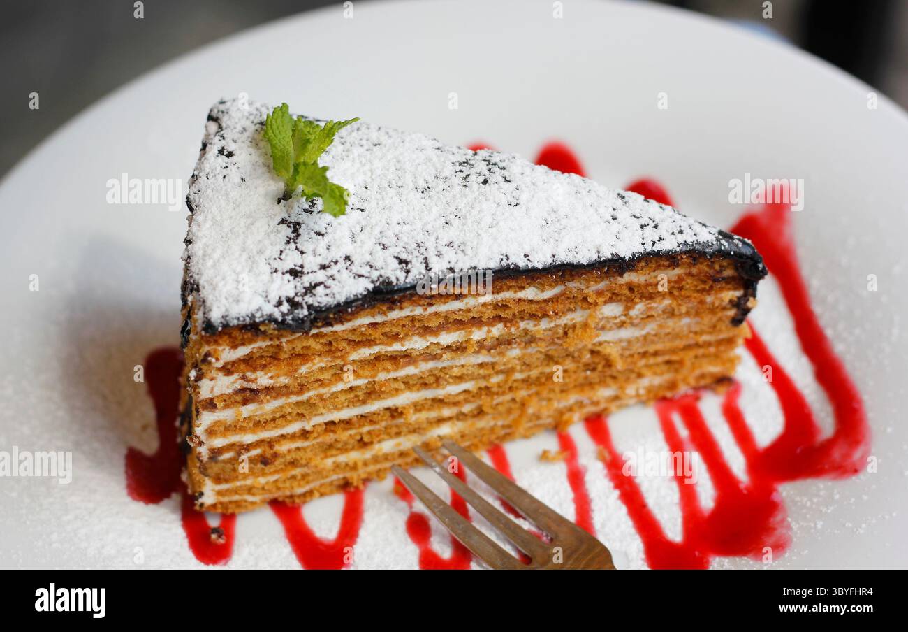 Primo piano della tradizionale torta al miele Ucraina con 14 strati, ricoperta di glassa di cioccolato e zucchero a velo, servita su un piatto bianco con salsa rossa Foto Stock