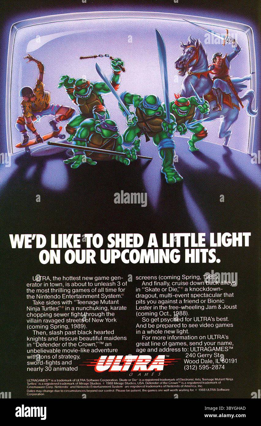 1989 titoli in arrivo per Ultra NES, Teenage Mutant Ninja Turtles, annuncio di videogiochi Defender of the Crown Foto Stock