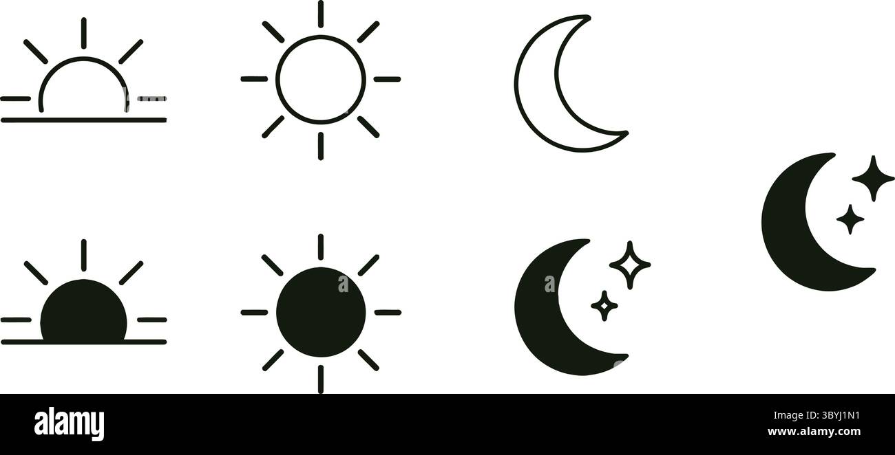 Un set minimalista di sole e luna caratterizzato da alba, sole pieno e luna crescente con stelle. Include versioni con contorno e riempito, ideali per le condizioni atmosferiche Illustrazione Vettoriale