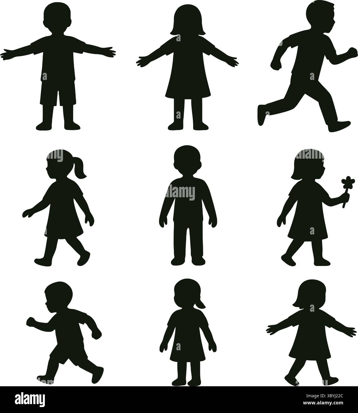 Figure in bianco e nero di bambini in varie pose Illustrazione Vettoriale