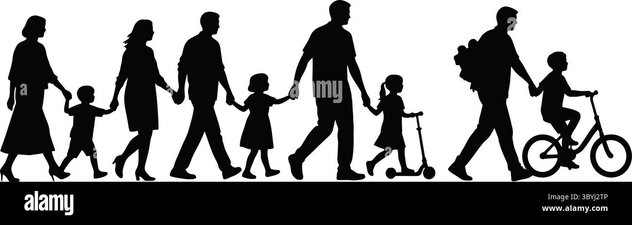 Silhouette in bianco e nero illustrazione di una famiglia che cammina insieme ai bambini Illustrazione Vettoriale