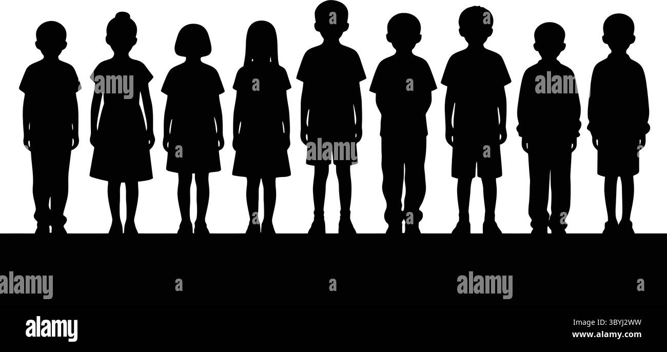 Silhouette in bianco e nero illustrazione di una linea di bambini in piedi insieme Illustrazione Vettoriale