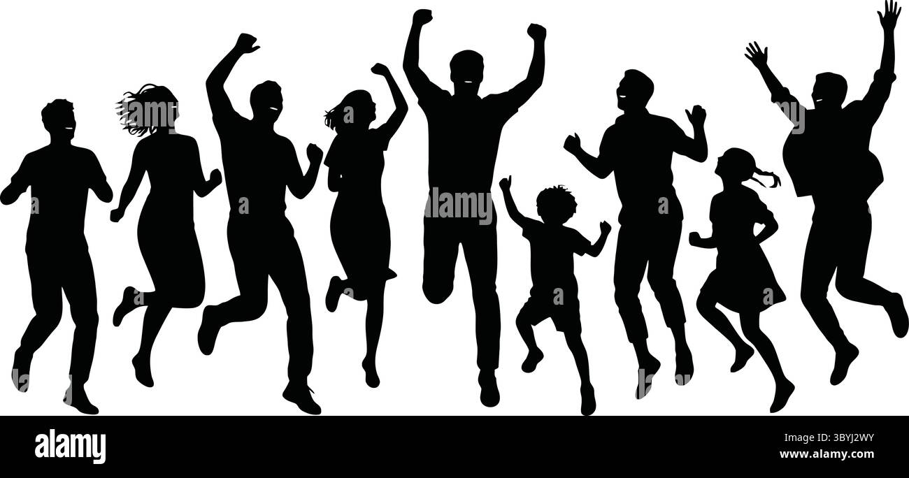 Silhouette in bianco e nero illustrazione di un gruppo che celebra con movimenti gioiosi Illustrazione Vettoriale