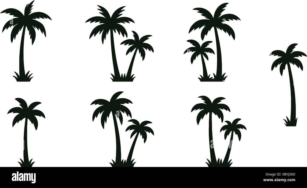 Figure in bianco e nero di palme di varie dimensioni e pose Illustrazione Vettoriale