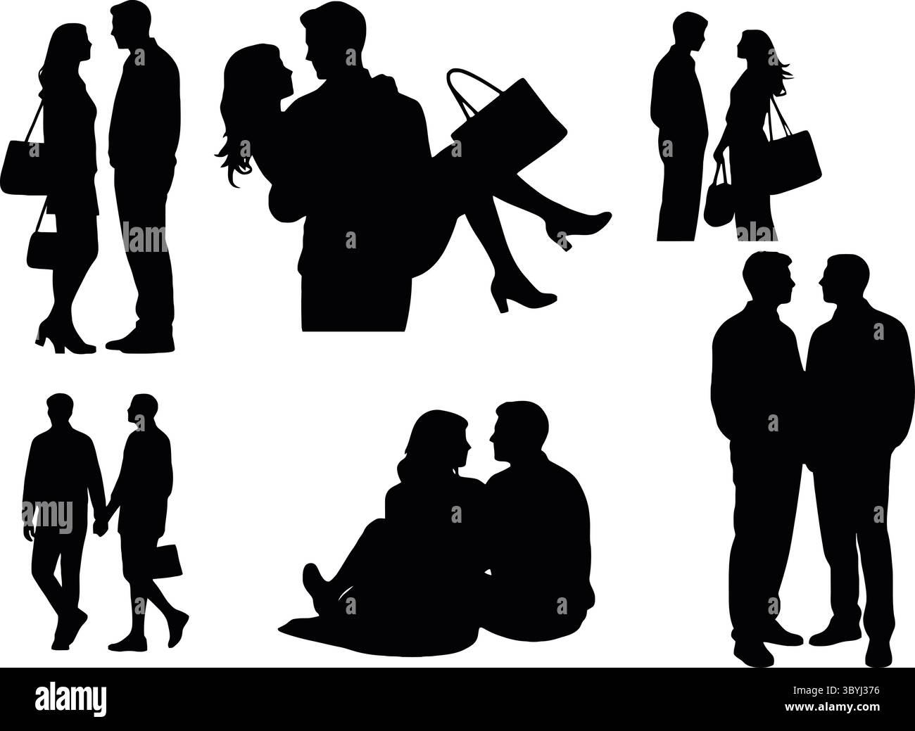 Figure in bianco e nero di coppie in varie scene sociali e romantiche Illustrazione Vettoriale