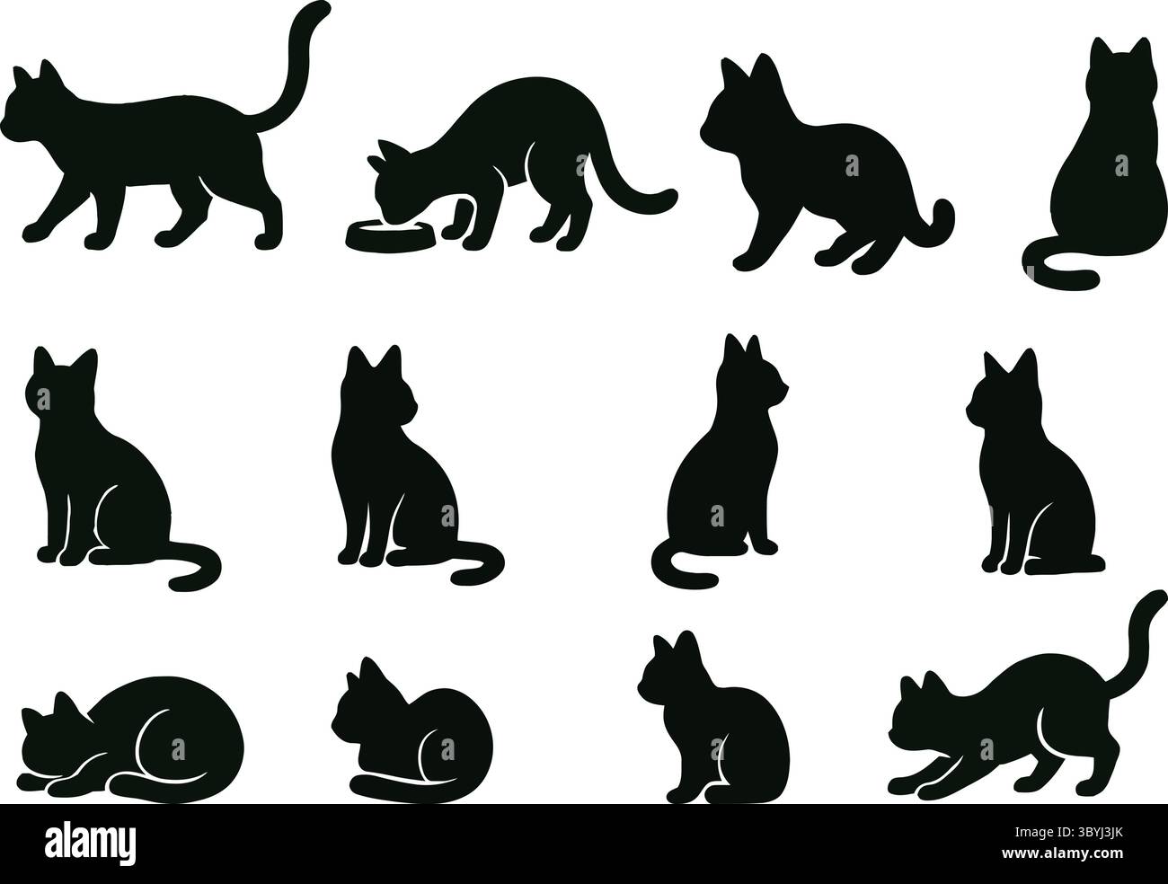 Figure in bianco e nero di gatti in varie pose Illustrazione Vettoriale
