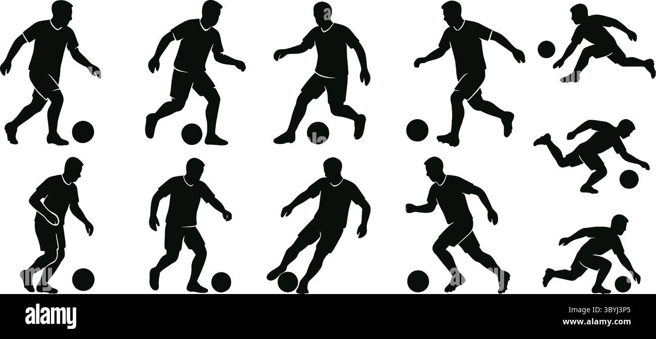 Illustrazioni in bianco e nero della silhouette di giocatori di calcio in varie azioni Illustrazione Vettoriale