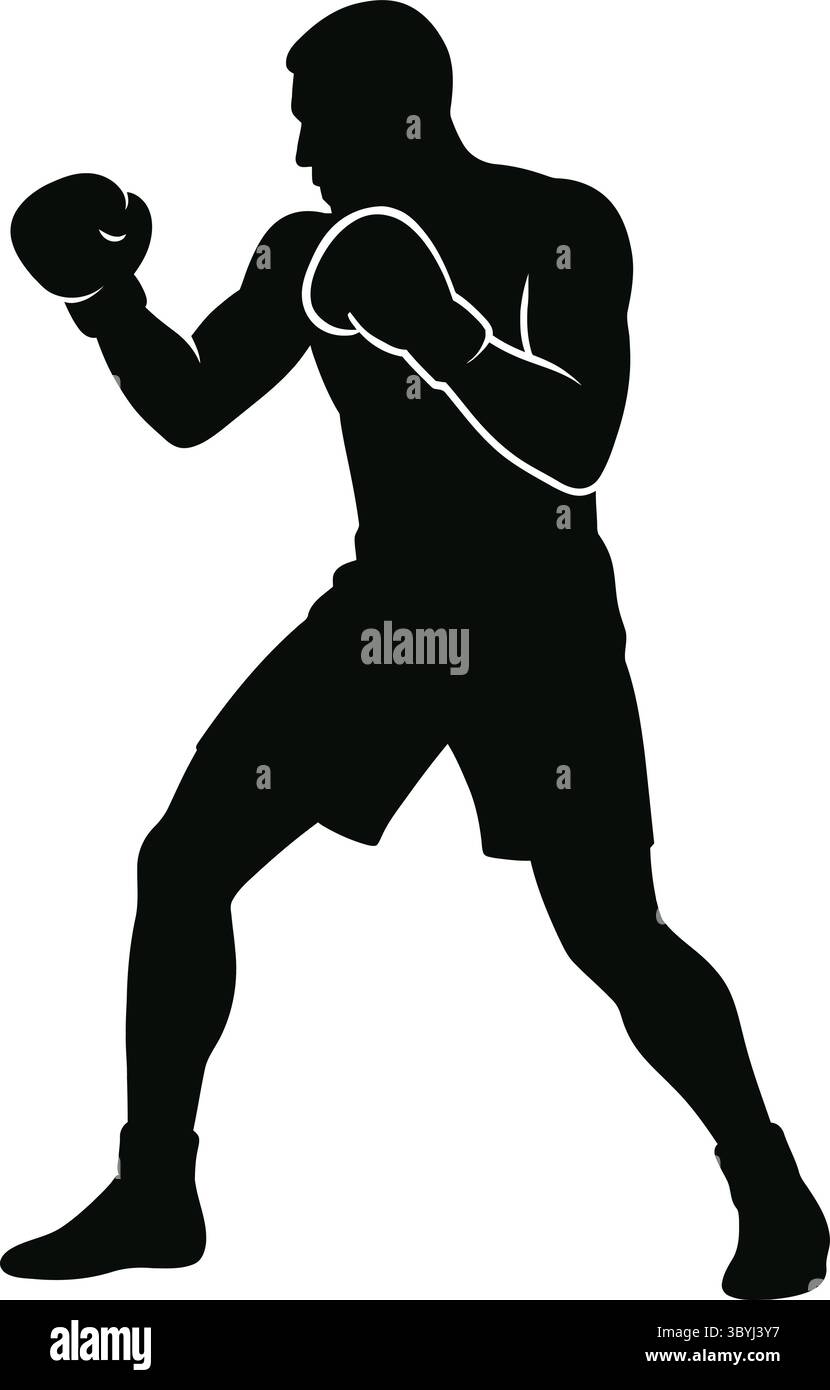 Silhouette di un pugile maschile in posizione di combattimento con guanti. Illustrazione Vettoriale