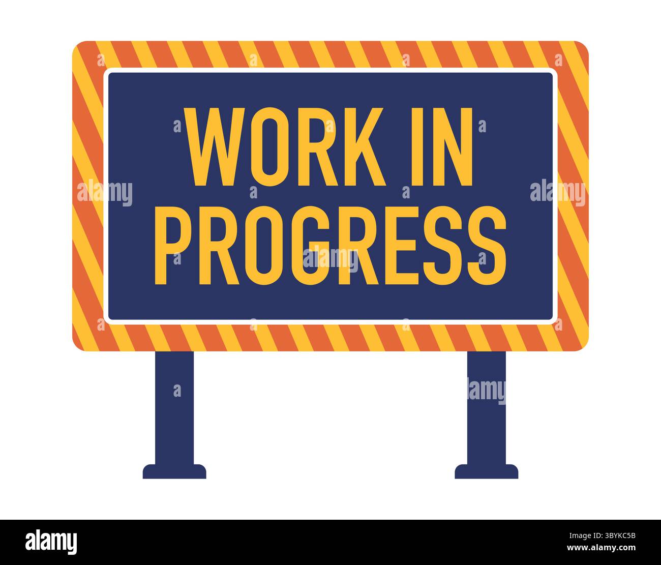 Lavori in corso segnaletica stradale audace con sfondo blu scuro incorniciato da strisce diagonali gialle arancioni in corso di costruzione o sviluppo Illustrazione Vettoriale