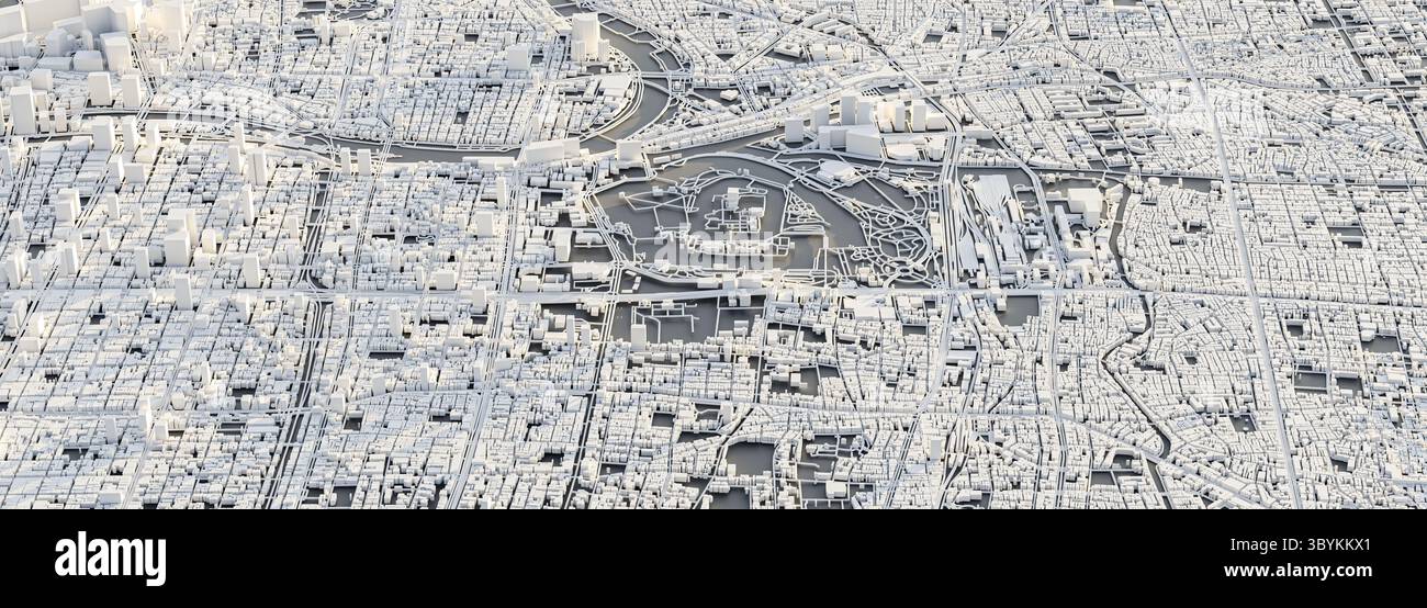 Mappa di rendering 3D del paesaggio urbano di Osaka. Illustrazione in 3D di una vista aerea di Osaka, Giappone. Foto Stock