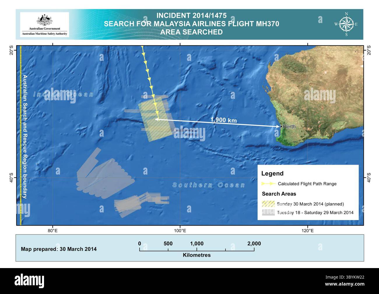 . Canberra (Australia), 30/03/2014.- Un'immagine pubblicata dall'Australian Maritime Safety Authority (AMSA) a Canberra, Australia, il 30 marzo 2014, mostra l'area di ricerca nell'Oceano Indiano, a ovest di Perth, Australia, per il volo della Malaysian Airlines MH370 mancante. Le navi in cerca dell'aereo mancante hanno recuperato oggetti galleggianti dall'Oceano Indiano, ma non erano collegati al jet perso, hanno detto le autorità australiane il 29 marzo 2014. Apparentemente era la prima volta che una qualsiasi delle otto navi che stavano cercando aveva pescato flotsam fuori dall'Oceano Indiano. La zona di ricerca si era spostata su 28 M. Foto Stock