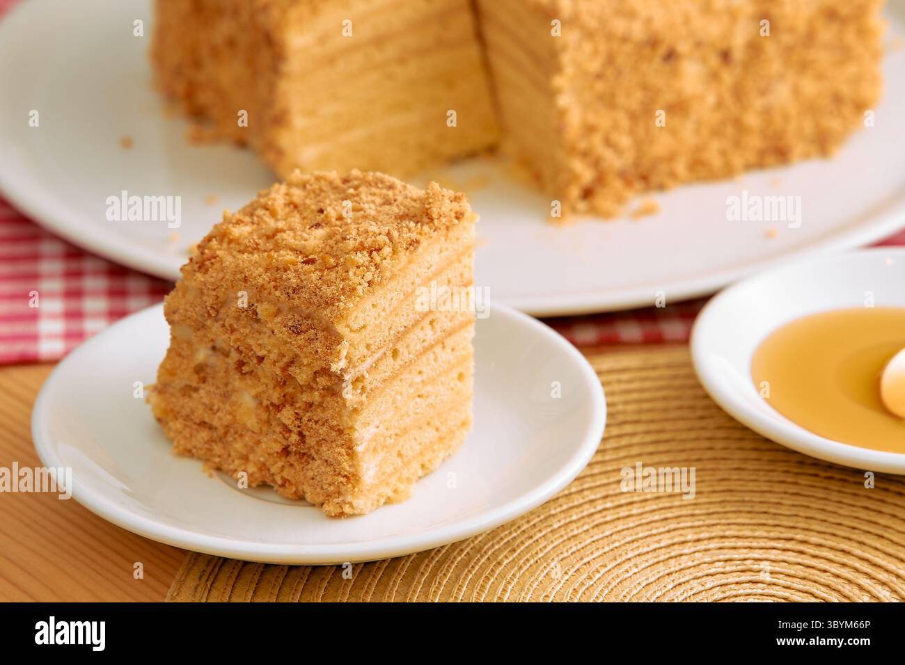 Una deliziosa fetta di torta al miele a strati con un rivestimento di briciole è splendidamente presentata su un piatto bianco, che mette in mostra la sua invitante consistenza e la hu dorata Foto Stock