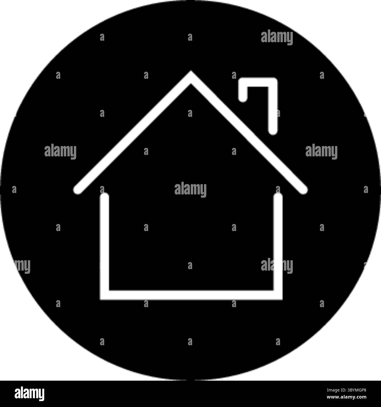 Un disegno minimalista e pulito di una casa con un camino, collocato all'interno di un solido sfondo circolare nero. Illustrazione Vettoriale