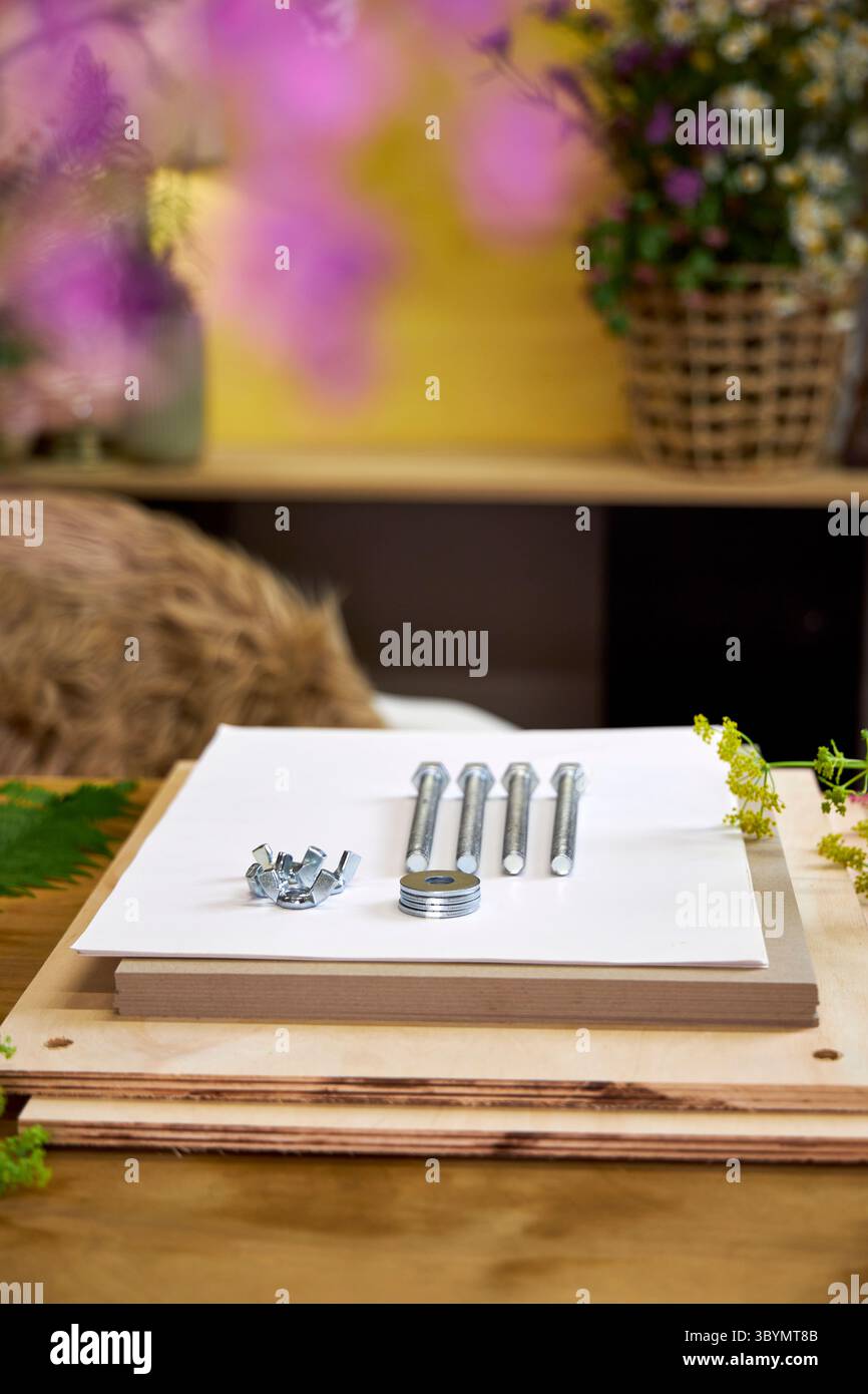 Kit per la stiratura dei fiori circondato da freschi fiori estivi. Progetto botanico fai da te in un ambiente accogliente con bulloni, tavole di legno e fogli di carta bianca Foto Stock