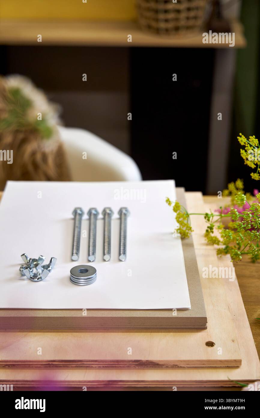 Kit per la stiratura dei fiori circondato da freschi fiori estivi. Progetto botanico fai da te in un ambiente accogliente con bulloni, tavole di legno e fogli di carta bianca Foto Stock
