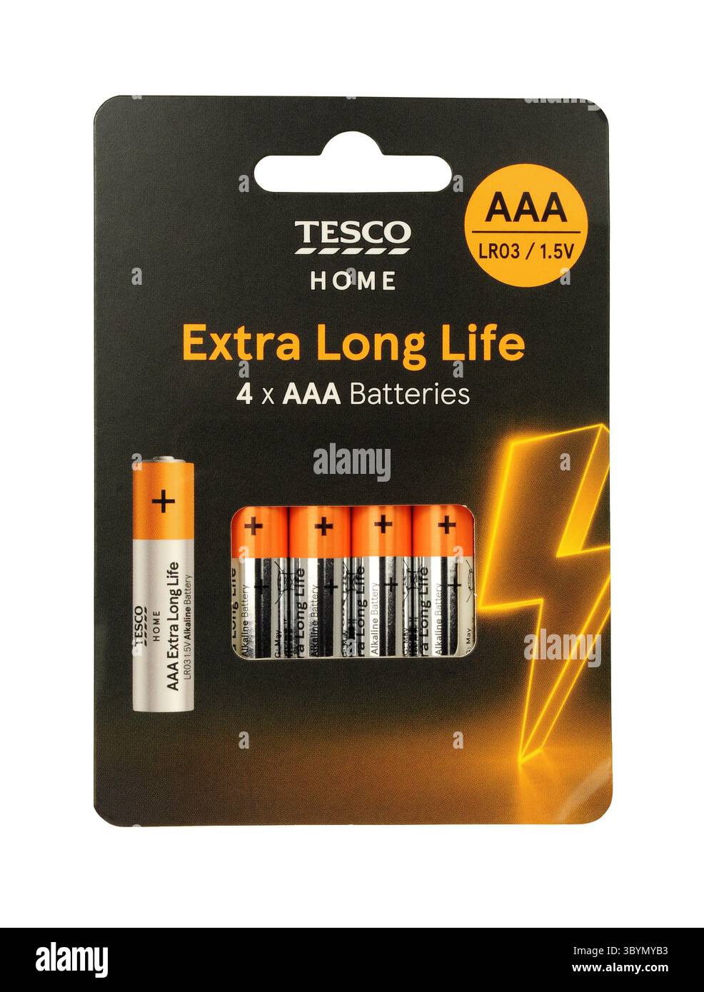Batterie alcaline AAA a lunga durata Tesco, confezione da quattro Foto Stock
