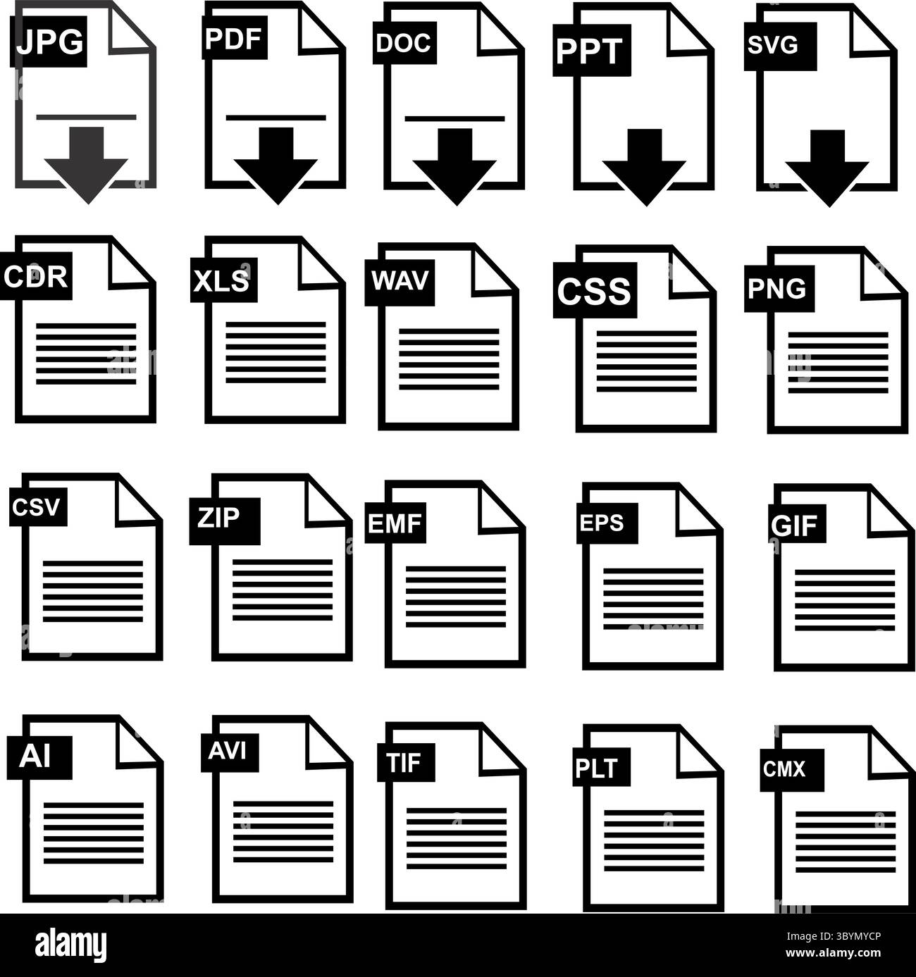 Tipo di file di icone di colore nero con set di ombra - zip, PDF, JPG, doc Illustrazione Vettoriale