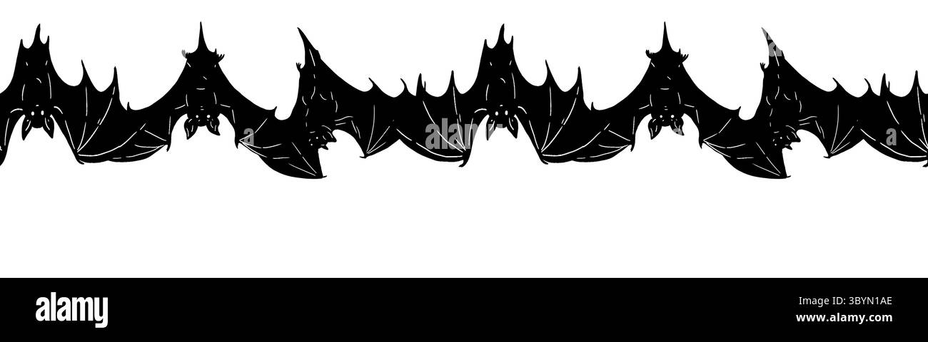 Pipistrelli con ali a trama volano. Illustrazione digitale. Bordo orizzontale senza cuciture, motivo, isolato su sfondo grigio. Vacanze, tema Halloween per Foto Stock