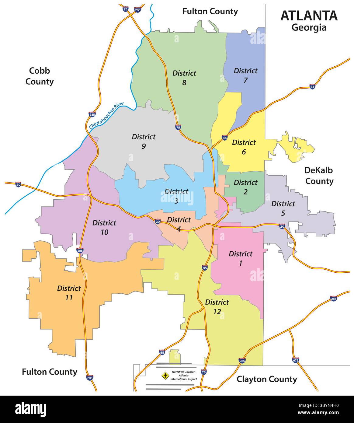 Mappa amministrativa del distretto di Atlanta, Georgia, Stati Uniti Foto Stock