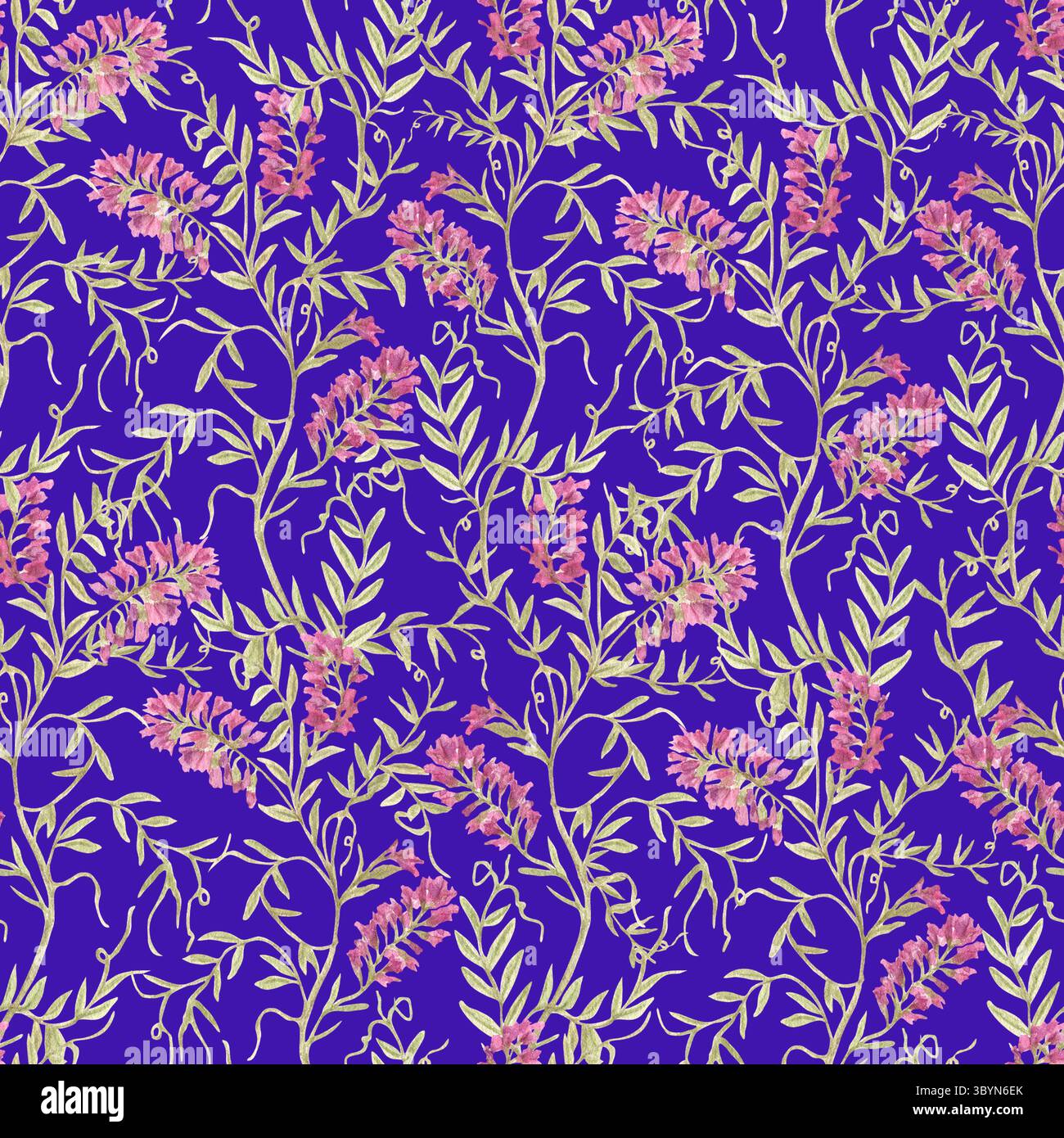 Immagini ad acquerello di prati ricci in forma di motivo senza cuciture su sfondo viola. Viola e erbacce disegnate a mano con orecchie di topo selvatico in fiore. Contesto delle piante botaniche. Foto Stock