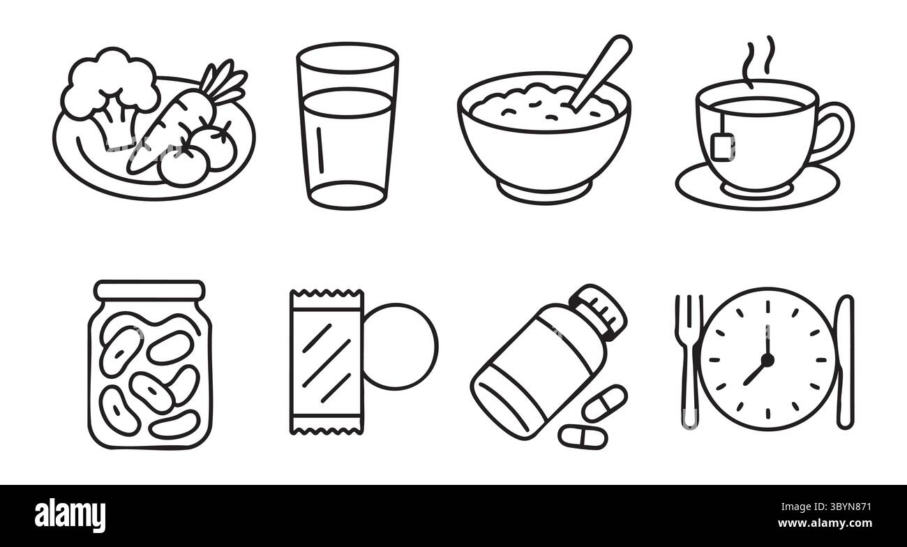 Set di icone di cibi e bevande salutari, tra cui verdure, bicchierino d'acqua, ciotola per cereali, tazza da caffè, vaso, bar avvolto, flacone per pillole e orologio isolato su w Illustrazione Vettoriale