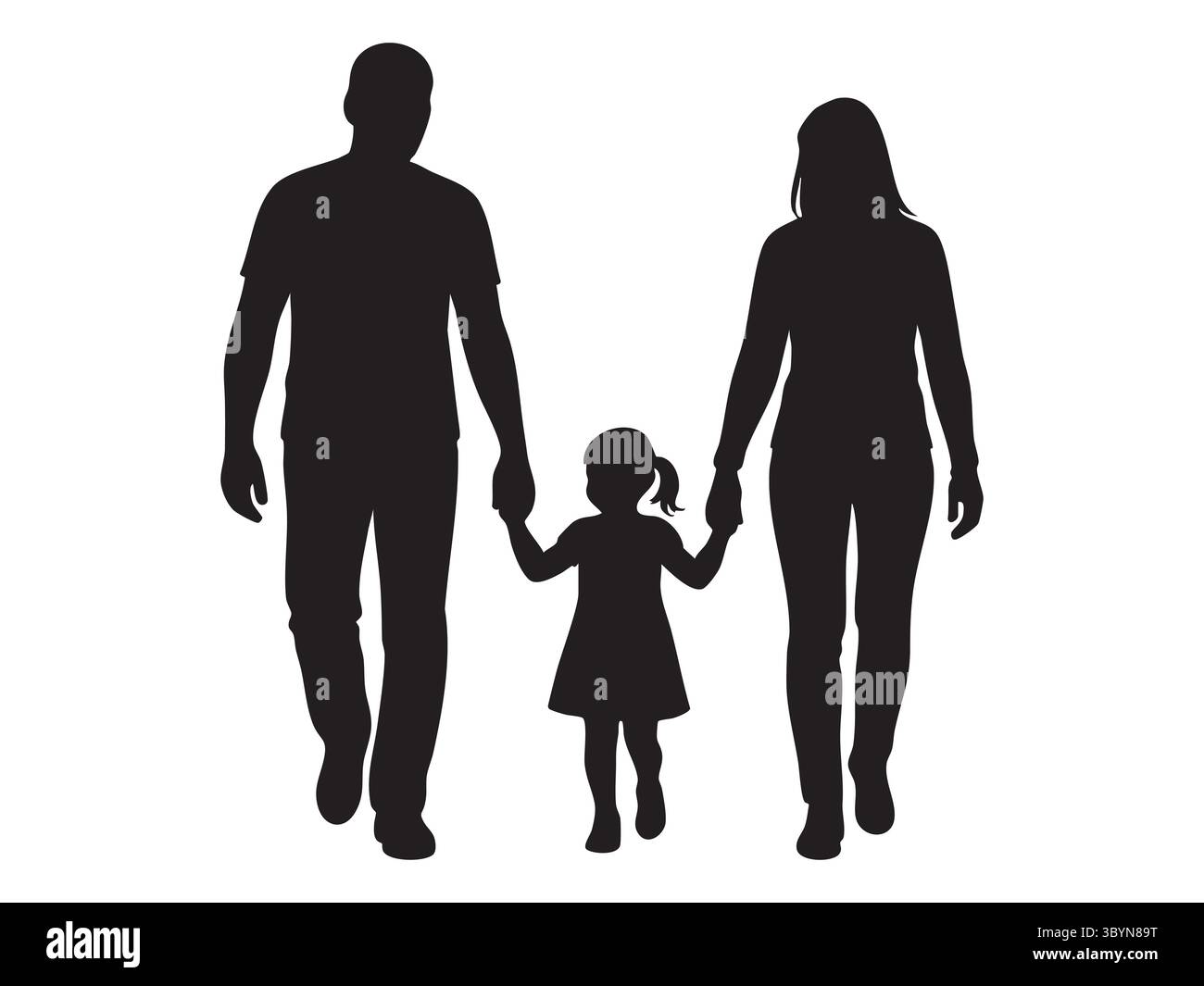 Silhouette nera di una famiglia che cammina mano nella mano, isolata su sfondo bianco, illustrazione grafica. concetto di legame familiare, genitori con figli, tog Illustrazione Vettoriale