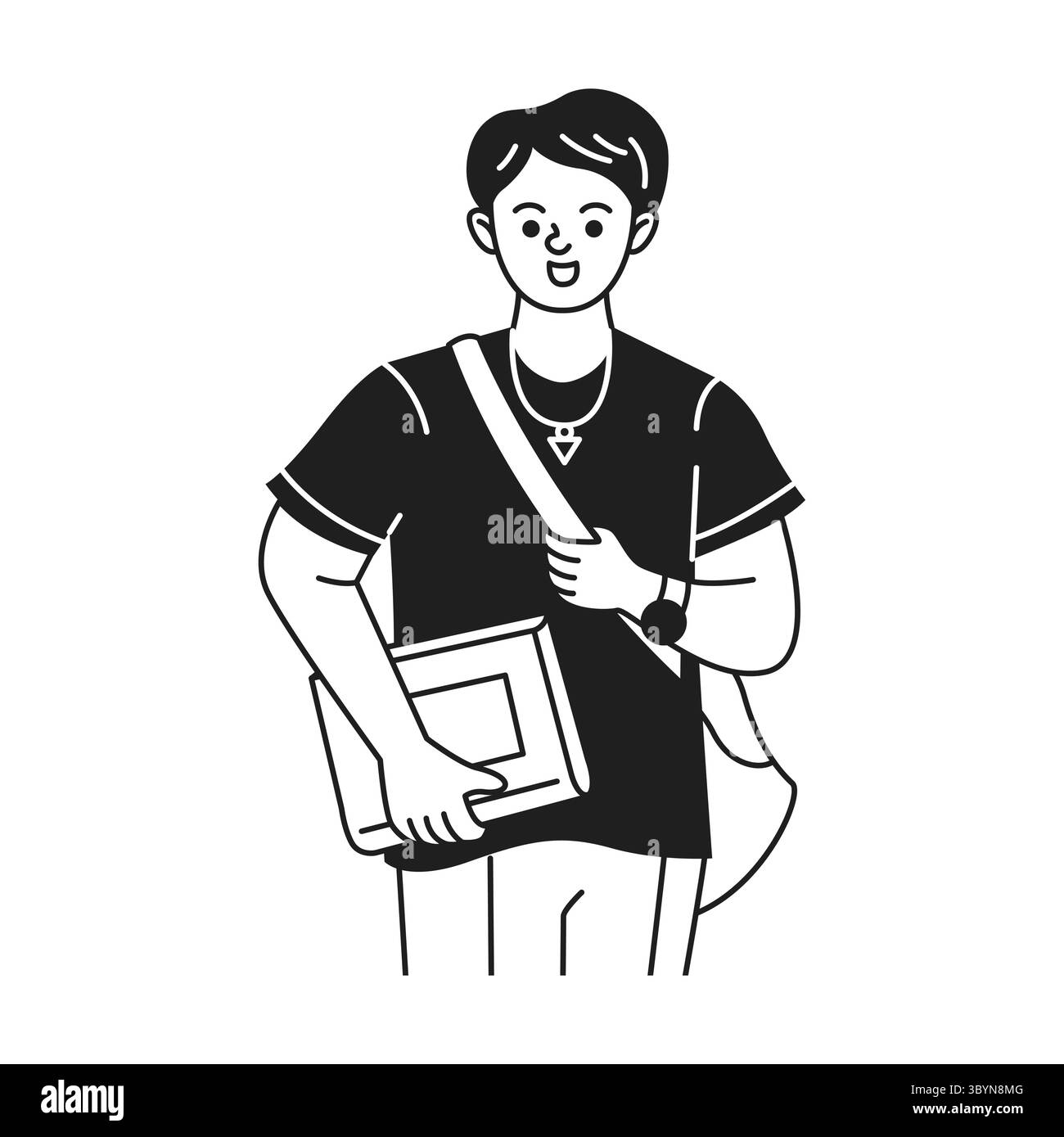 Illustrazione a doodle in bianco e nero di un giovane allegro studente che porta con sé una borsa e un libro. Espressione sicura, abbigliamento casual, su fondo semplice Illustrazione Vettoriale