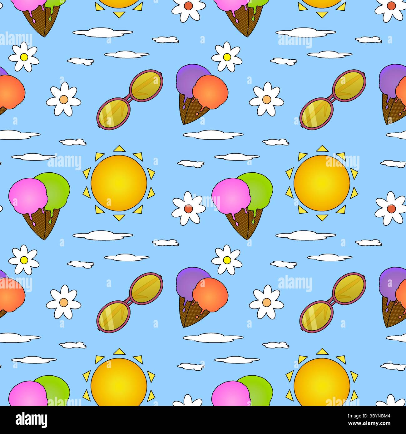 Motivo estivo senza cuciture di coni di gelato, sole, occhiali da sole, nuvole e fiori bianchi sullo sfondo blu del cielo. Per il tema estivo, il design dell'abbigliamento, Illustrazione Vettoriale