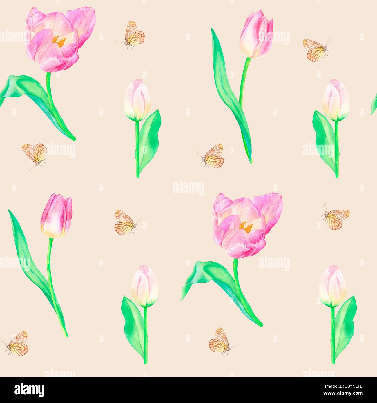 Tulipani acquerelli e motivo a farfalla senza cuciture, disegnati a mano. Adatto per la progettazione e la stampa. Foto Stock