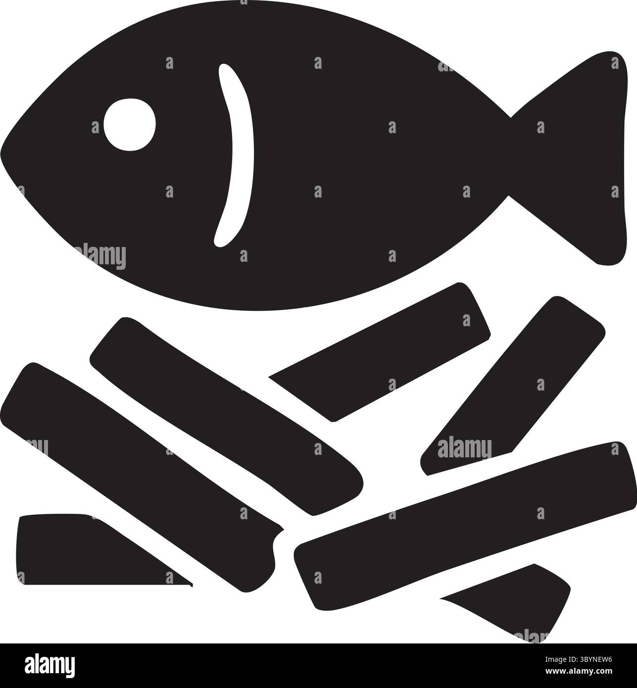 Silhouette nera di fish and chips, isolata su sfondo bianco, illustrazione grafica. concetto di fast food, specialità di pesce, piatto classico, icona, logo, desig Illustrazione Vettoriale