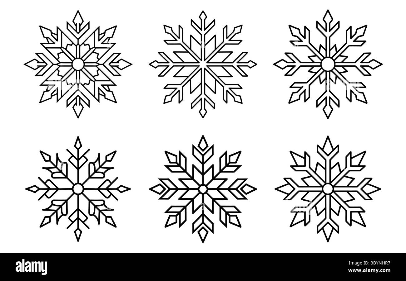 Disegni artistici della linea del fiocco di neve; simboli minimalisti delle festività invernali; elegante set vettoriale natalizio Illustrazione Vettoriale