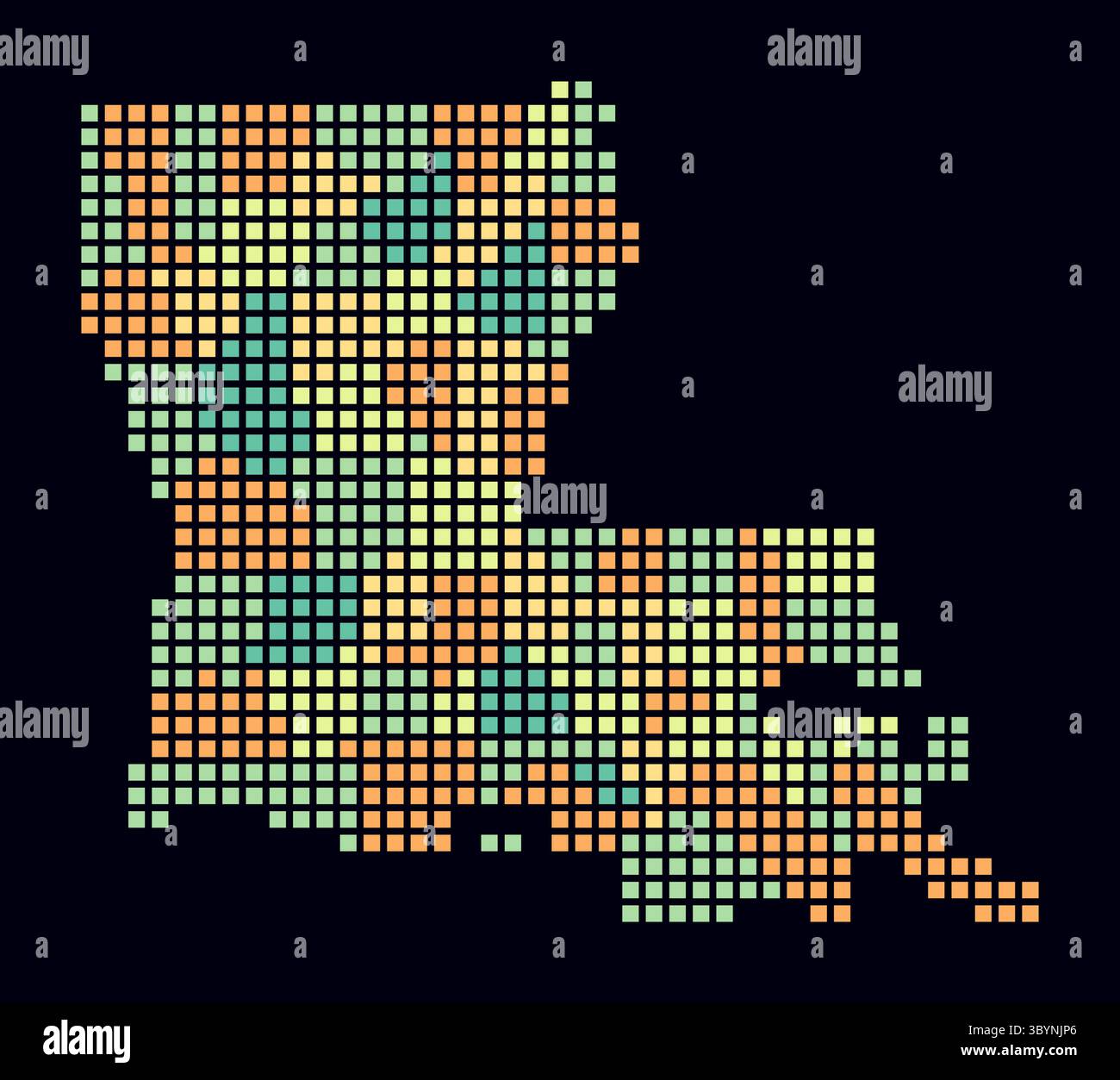 Mappa punteggiata della Louisiana. Mappa digitale dello stato su sfondo scuro. Forma Louisiana con punti quadrati. Stile puntini colorati. Quadrati di grandi dimensioni. Illustrazione Vettoriale