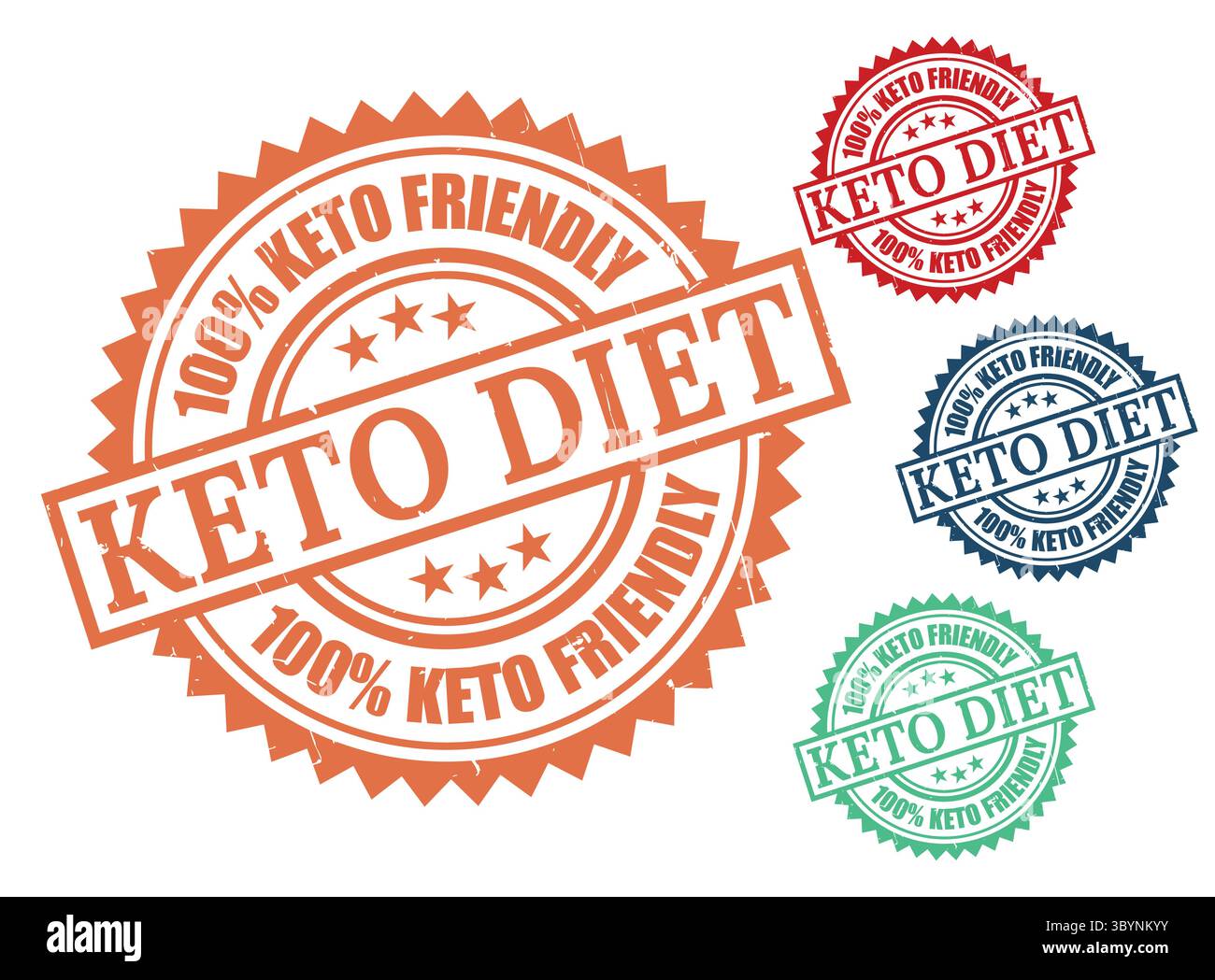 Confezione di etichette Keto Friendly al 100%, set di francobolli Grunge per marchi alimentari a basso contenuto di carboidrati Illustrazione Vettoriale