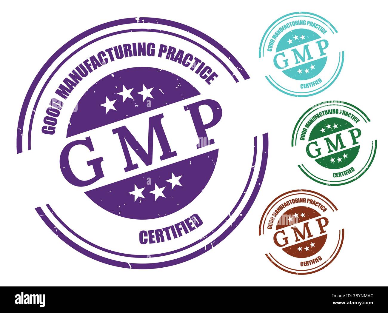Una raccolta vettoriale con timbri certificati GMP, set di etichette per buone pratiche di produzione Illustrazione Vettoriale